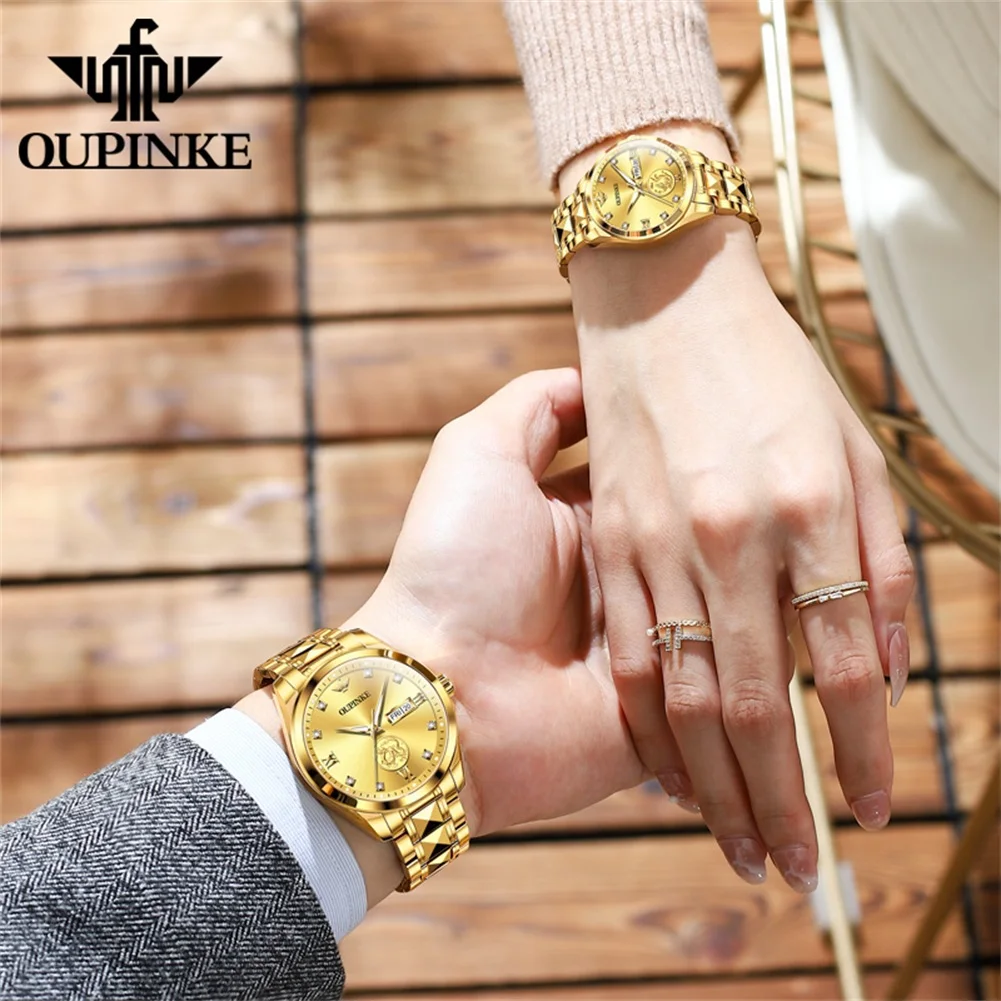 OUPINKE Real Gold Real Diamond Couple Watch Tungsten Steel Strap Sapphire Mirror Wristwatch Luxury Gifts His Hers Watch Sets