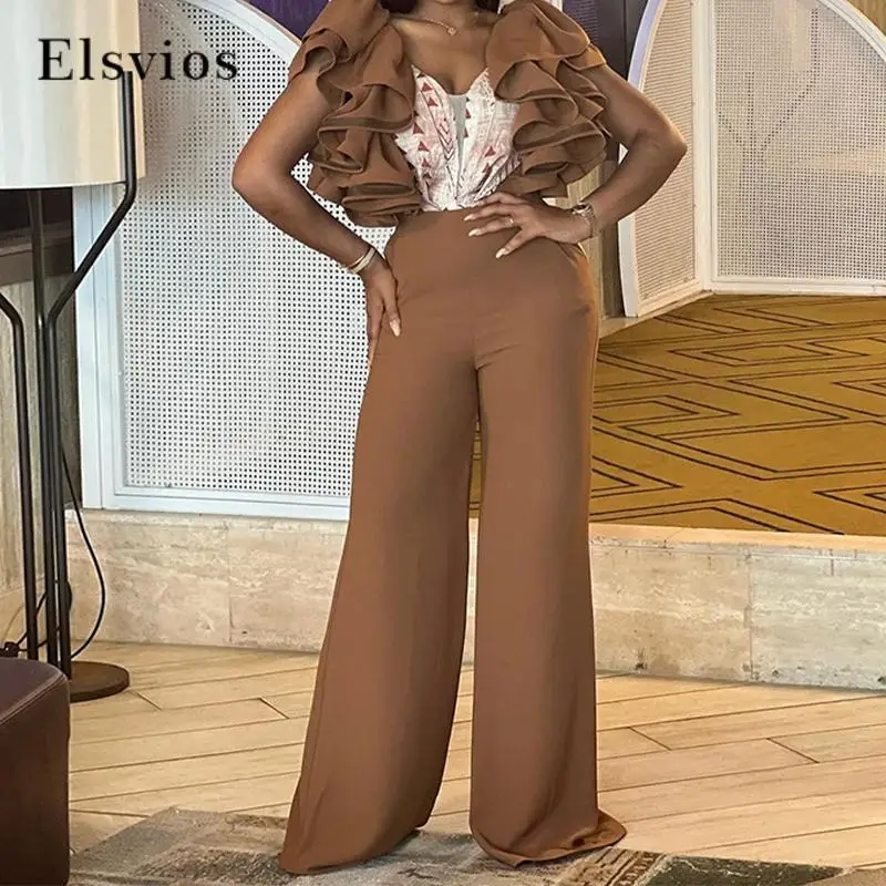 

Fashion High Street Wide-Leg Jumpsuit New Ruffle-Edged High-Waist Trousers Jumpsuit Sexy V-Neck Short-Sleeve Slim-Fit Sportswear