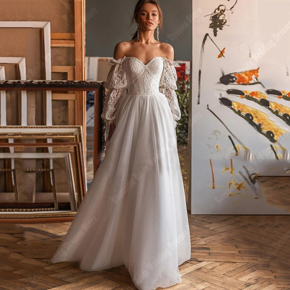Vestidos largos de encaje con mangas largas y hombros descubiertos Flamenco Tallas Grandes
