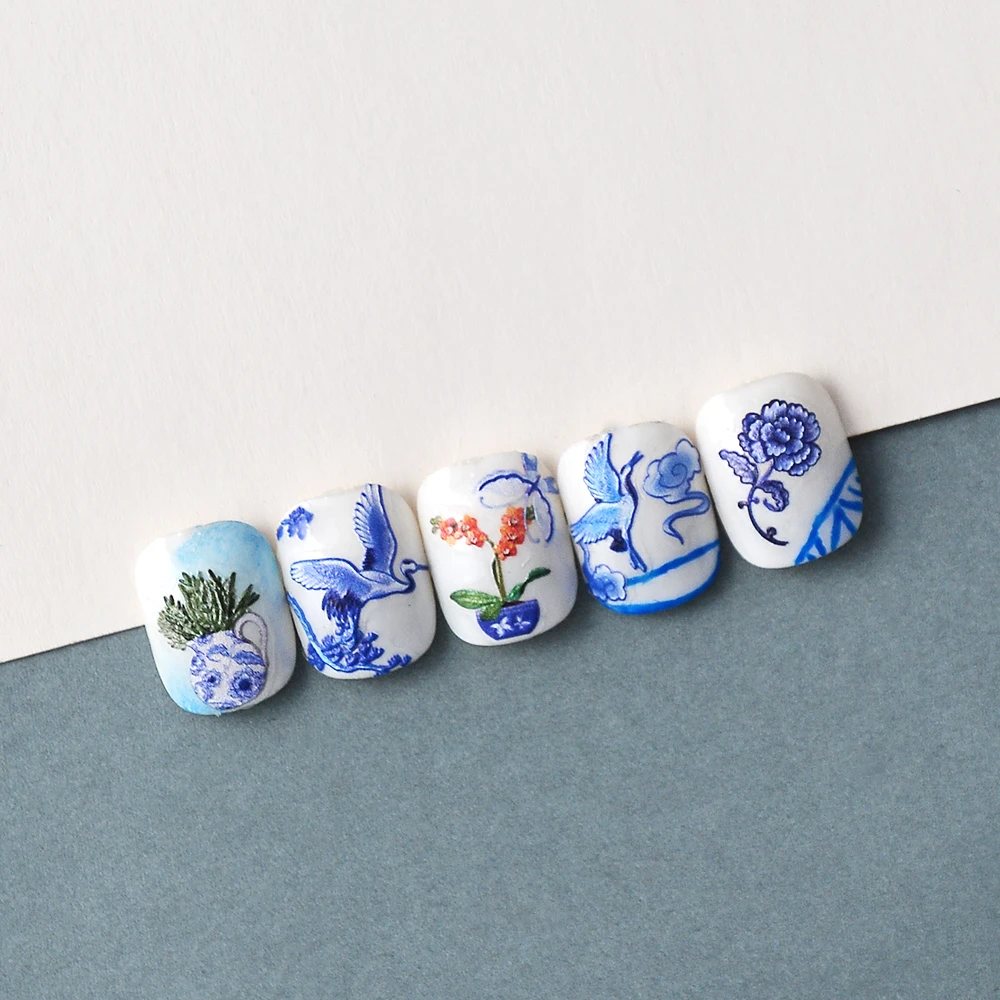 Classic Blue Foral Vase 5D Nail Sticker Embossed Engraved Decal Nail Supplies 6