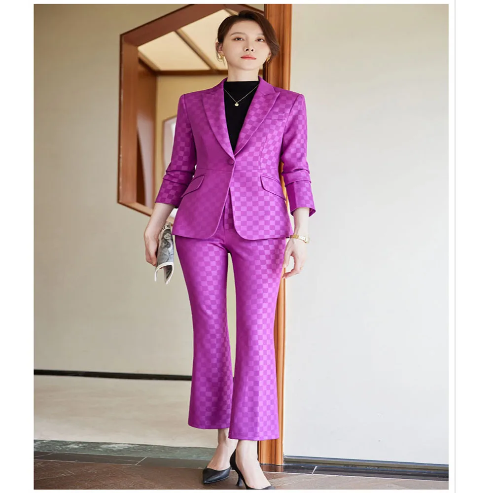 Tesco Formal Women Pantsuit Lapel Blazer Flare Pants Plaid Suit Set for Office Lady Women's Sets For Commuter Party blazer mujer