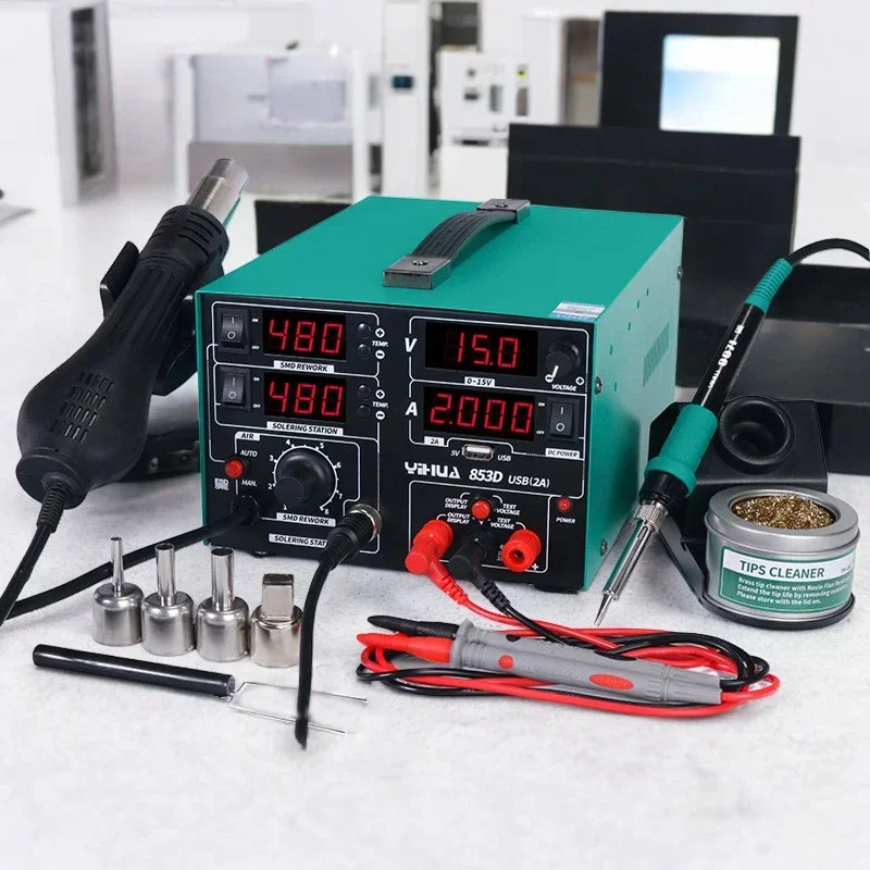 YIHUA 853D 2A 3 in 1 Digital Welding Machines Hot Air Gun Solder Iron Repair Soldering Station BGA Rework Heat Gun Desoldering 4