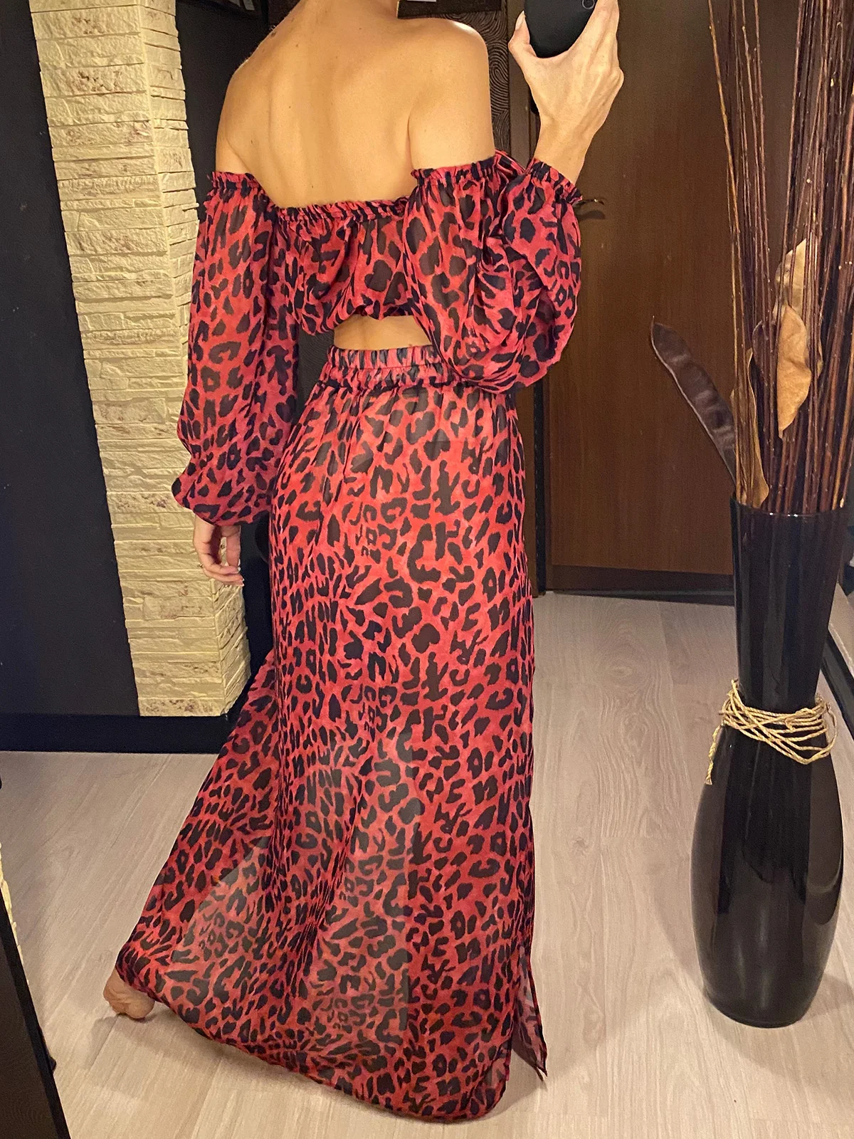 Leopard Off-Shoulder Long Sleeve Two-Piece Beachwear Set