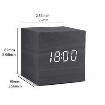 Square Digital LED Alarm Clock Wood Retro Glow Clock Desktop Table Decor Voice Control Snooze Function Desk Clock 5