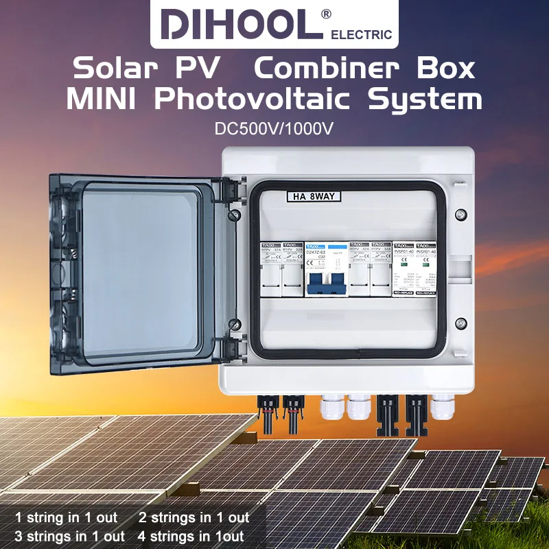Solar PV combiner box 1 strings 2 trings with off grid solar energy DC circuit breaker DC surge protector device IP65 FUSE