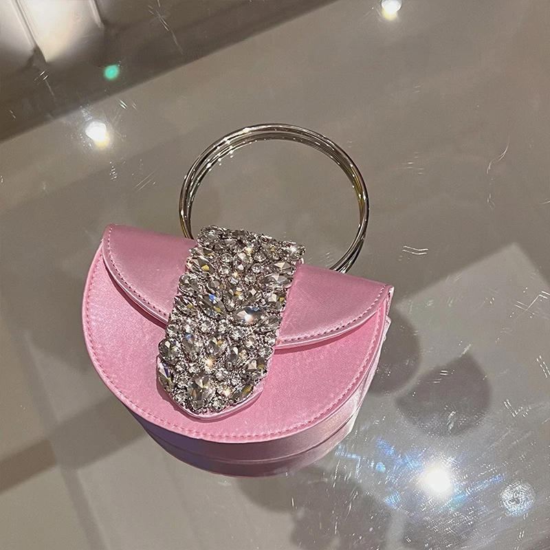 Women Glittering Crystal Satin Handbags Designer Luxury Diamond Pink Evening Diamonds Ring Clutch Purses Wedding Party Trendy - Image 2
