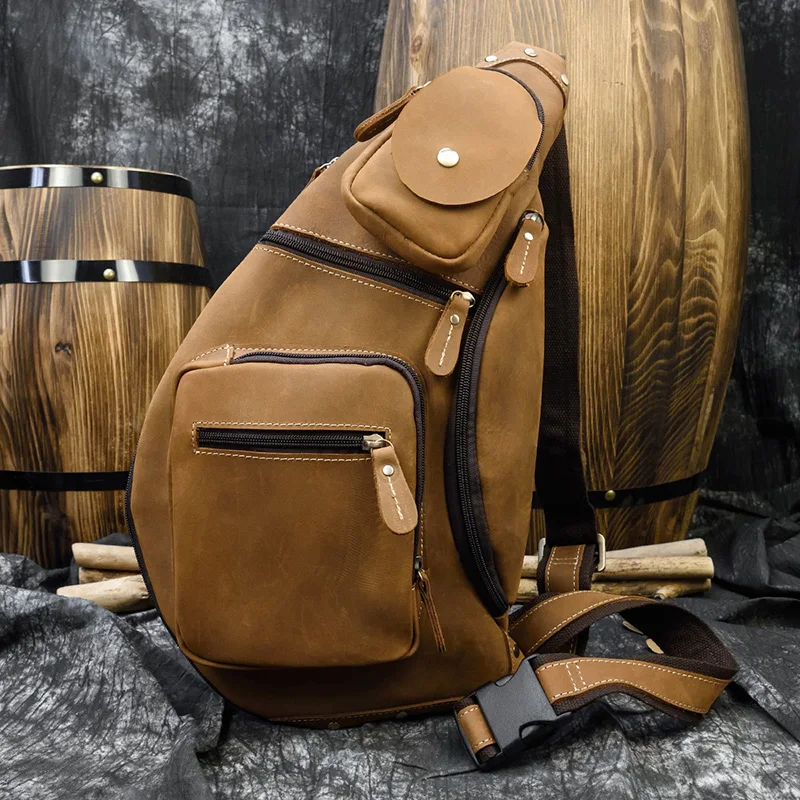 

Big Chest Bag for Men Crazy Horse Leather Sling Bag Crossbody Bagpack Genuine Leather Casual Chest Packs Outdoor Sport Bag