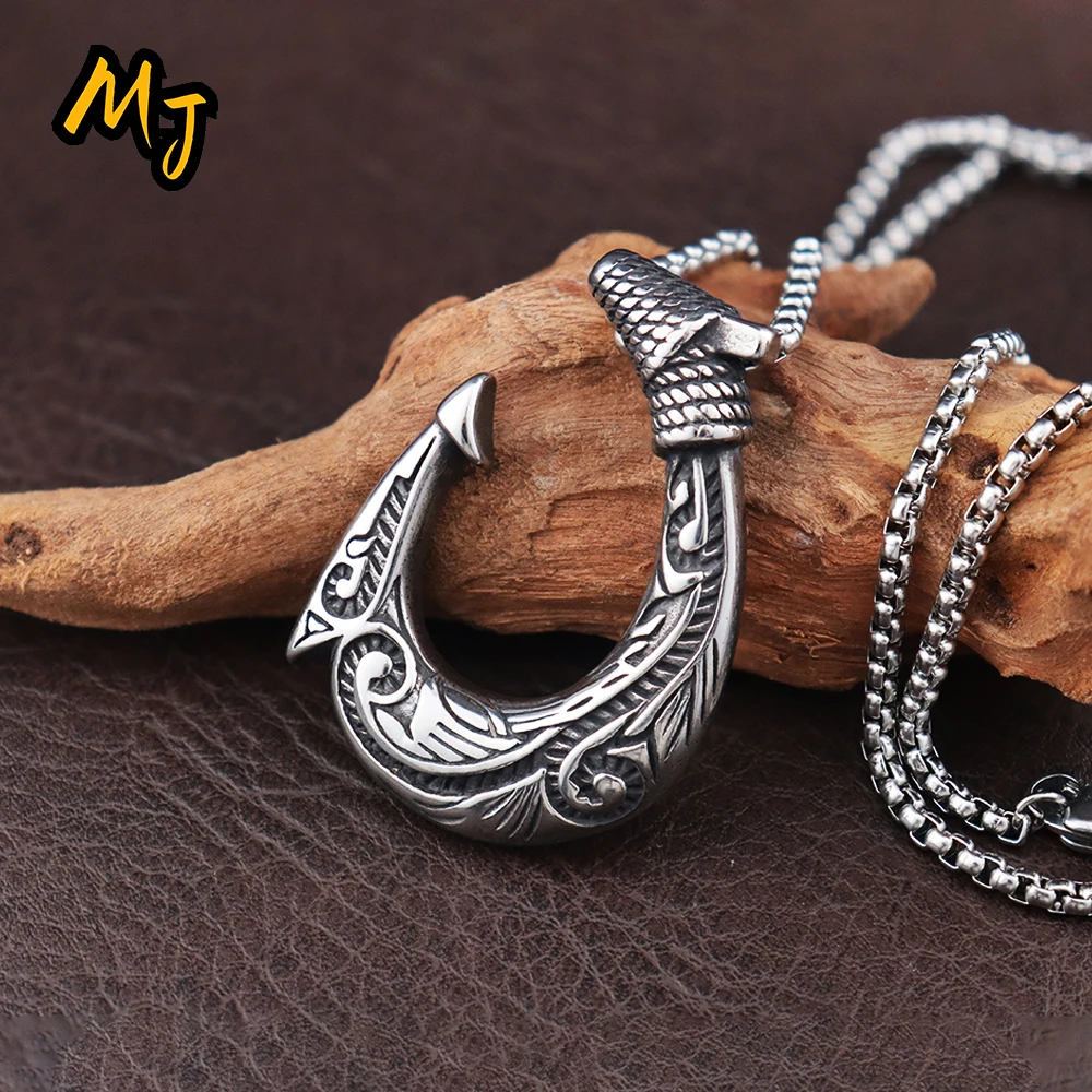 Men's tribal FISH Hook Necklace Men's Gold Stainless Steel