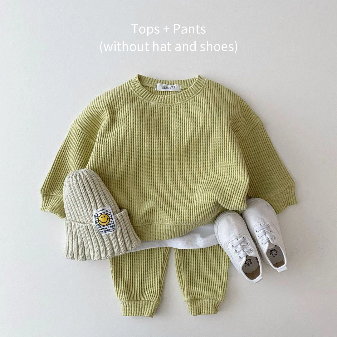 baby clothing set long sleeve	 Korean Baby Clothing Sets Waffle Cotton Kids Boys Girls Clothes Spring Autumn Loose Tracksuit Pullovers Tops+Pants 2PCS Sets baby clothing set line Baby Clothing Set