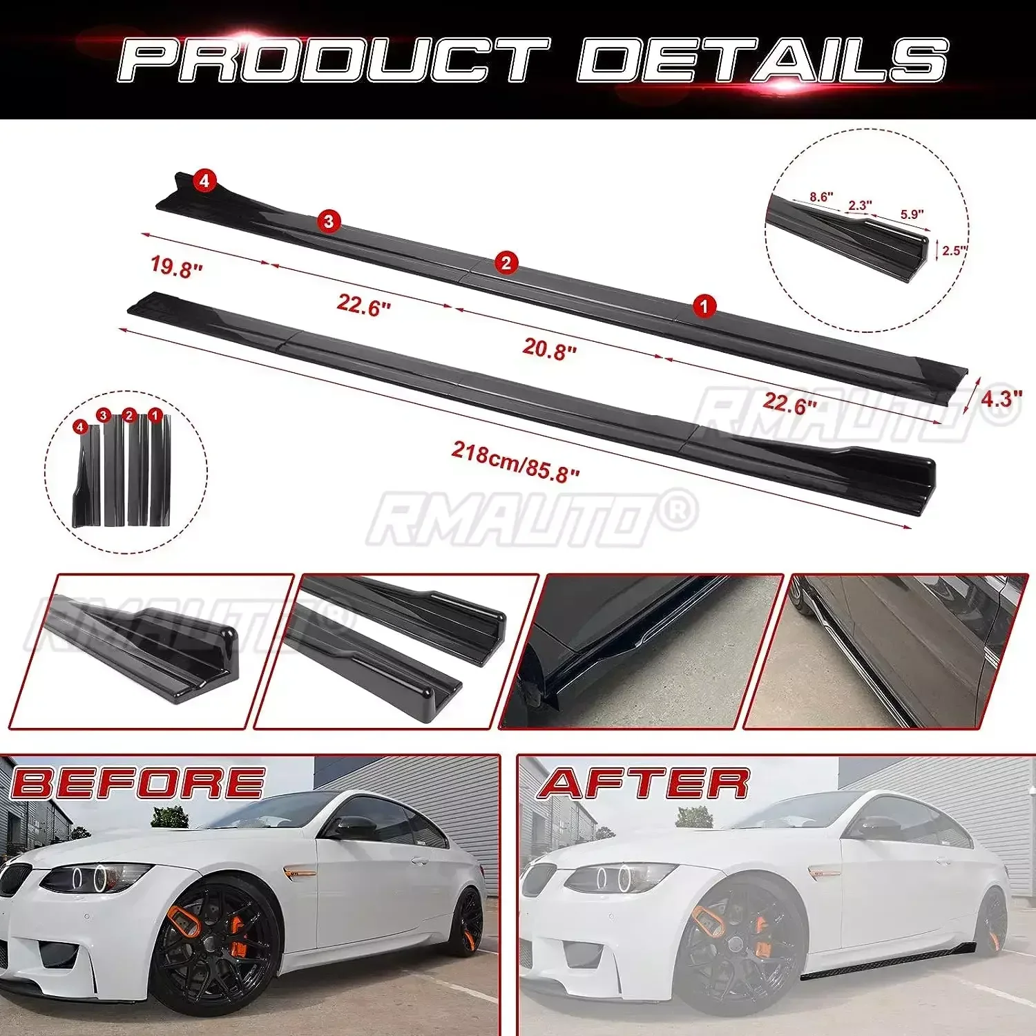 High Quality 8pcs 2.2m Car Side Skirt Extension Splitter Winglet Side Wing Bumper Lip For BMW G30 G31 M Sport 2017-2019