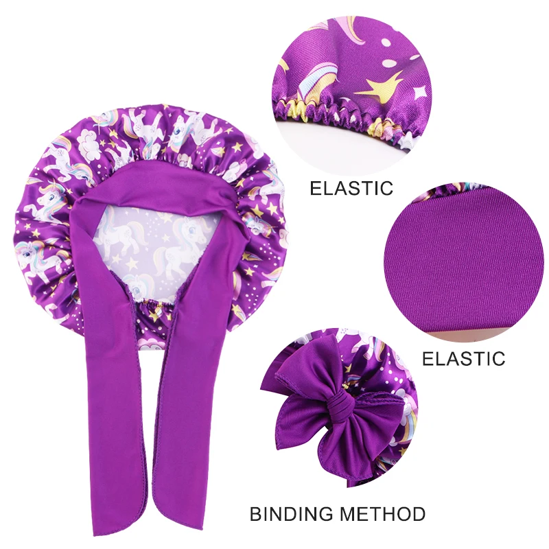 Neue Kinder Einhorn Cartoon Farbe Ding elastisches Band Schlaf Hut Riemen Stirnband Hut Baby Kopftuch Hut Haarpflege Hut – Detail 3