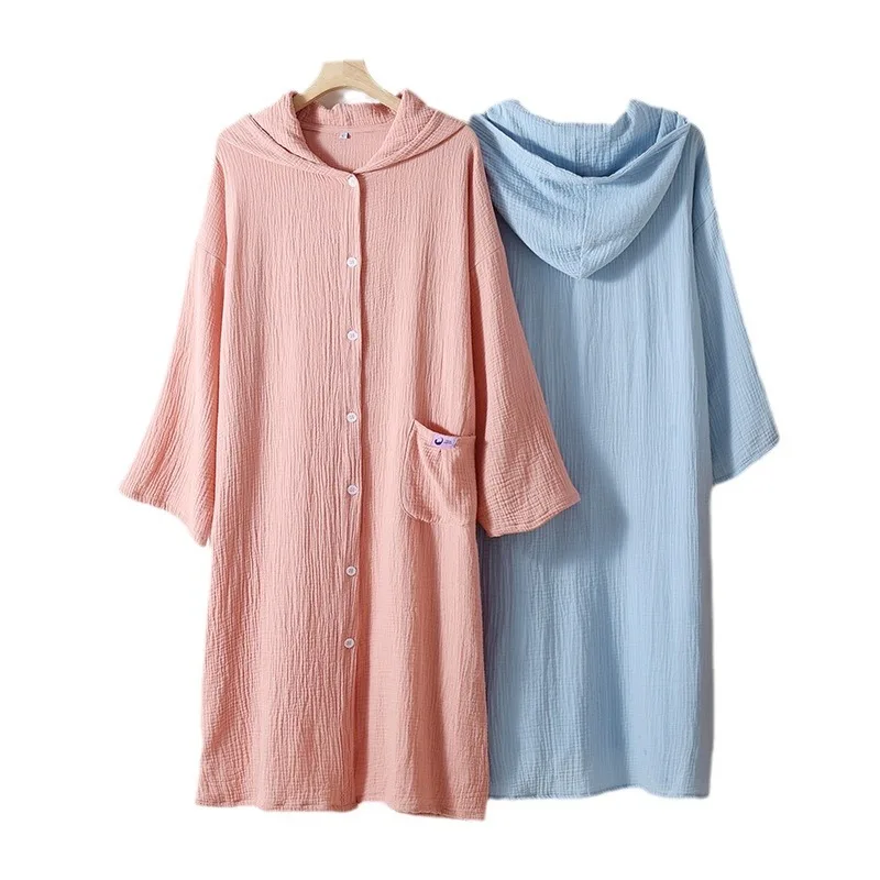 Double Yarn Cotton Loose Cardigan Button-up Hooded Long-sleeved Bathrobe Nightgown Solid Pocket Loungewear