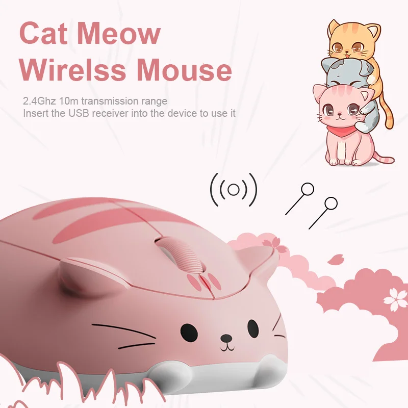 Chyi-mouse Bonito sem Fio 2.4g Gato Miau Rosa Criativo Desenho Animado Ergonômico Mini Mouse Óptico 3d para pc Laptop Presente das Crianças