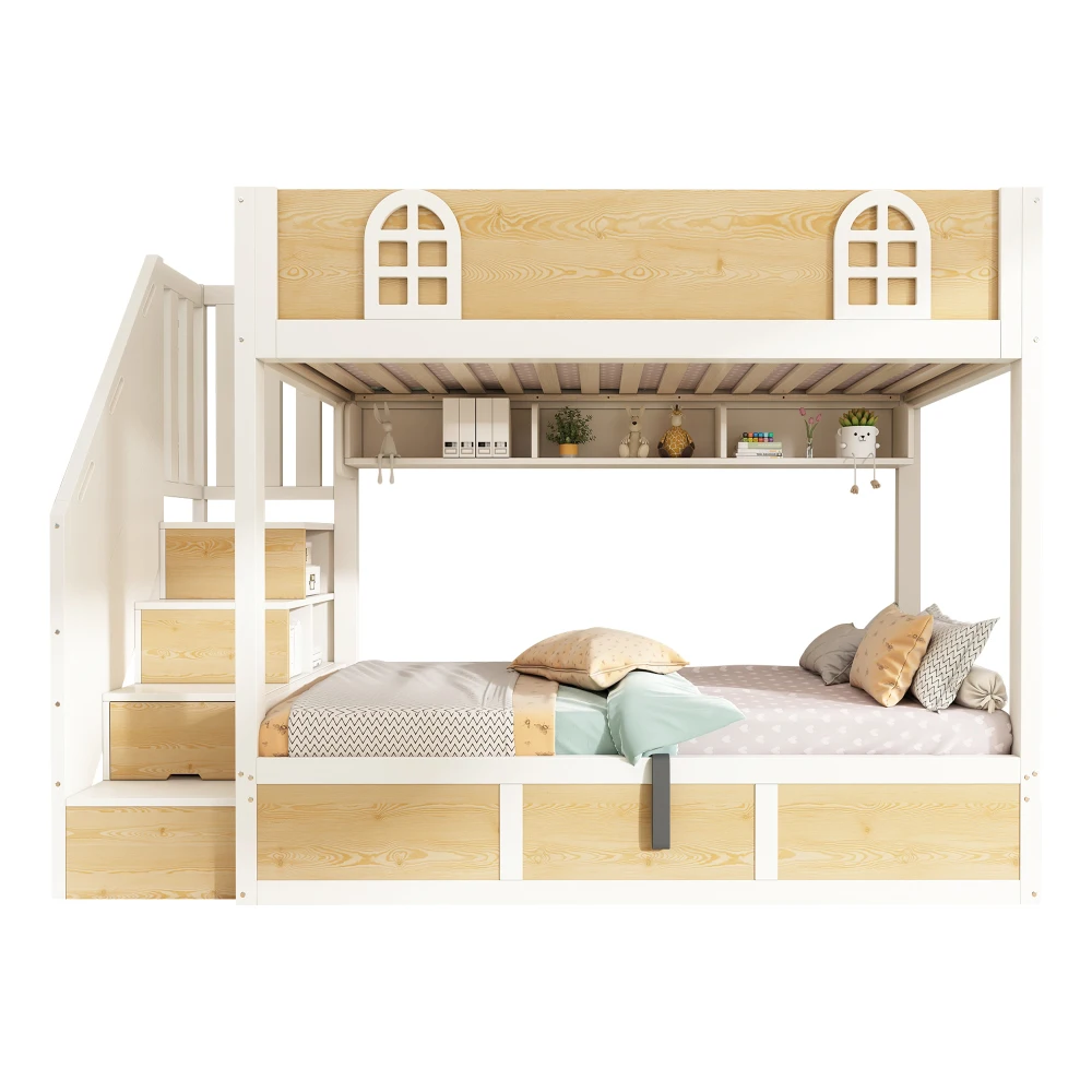 Children Bunk Bed with Staircase Storage 90x200cm Double Bed Safety Lattice No Mattress Included