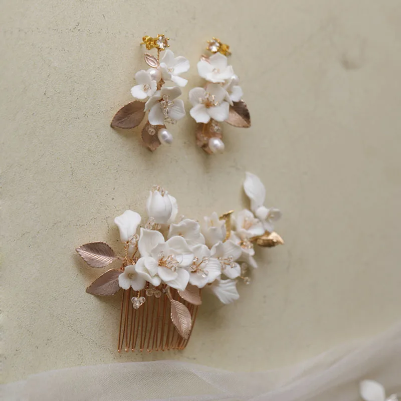 SLBRIDAL Handmade Freshwater Pearls Ceram Flower Bridal Hair Comb Earrings Set Wedding Headpieces Women Jewelry Hair Accessories