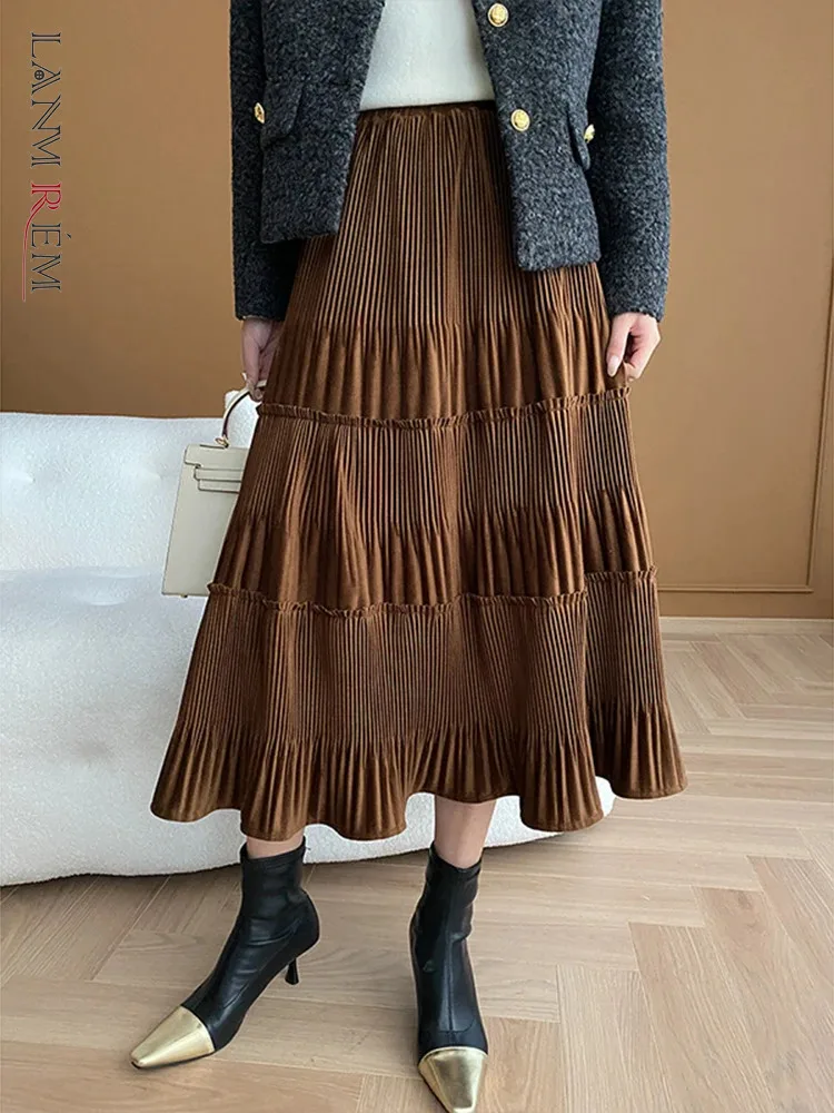 

LANMREM винтажная плиссированная Женская юбка с высокой талией, трапециевидная Однотонная юбка средней длины, элегантная Весенняя Новинка 2024, одежда 2AA4638