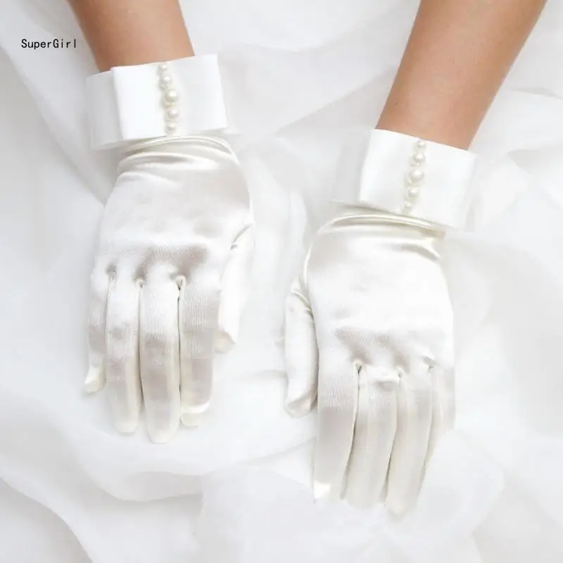 

Womens Short Gloves for Wedding Evening Party Dressy Bridal Elegant Wrist Length Mittens with Pearls Bowknot