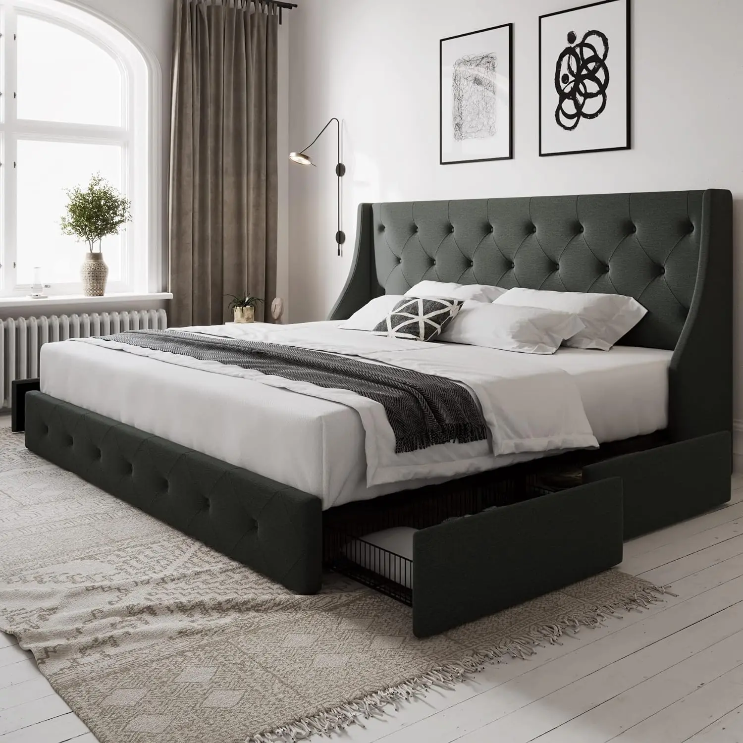 

New Queen Bed Frame with 4 Storage Drawers and Wingback Headboard, Button Tufted Design, No Box Spring Needed, Dark Grey