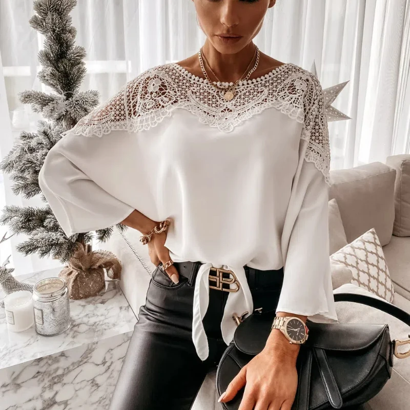New Loose Long Sleeved Elegant Lace Women's Chiffon Shirt Solid Color Commuting Round Neck Top 12459