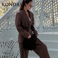 KONDALA 2026 Spring Office Lady Elegant Brown Women Suit Fashion Casual Sashes Oversized Shrug Blazer Chic Zipper Long Pant - Image 5