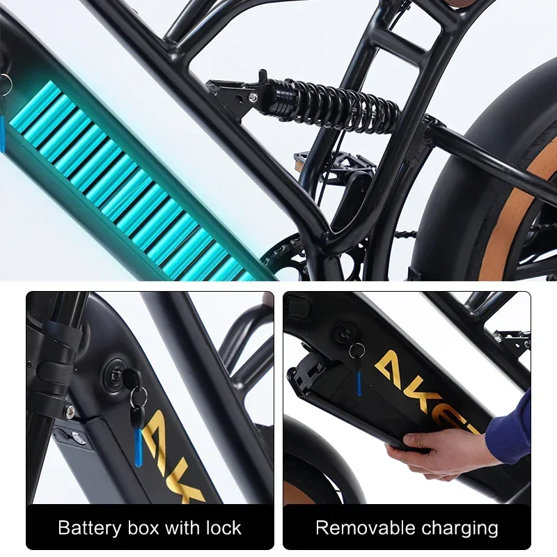 AKEZ 750W Motor Electric Mountain Bike 20"x4.0" Fat Tire Full Suspension Adult Electric Bicycle 48V 13AH Removable Battery Ebike