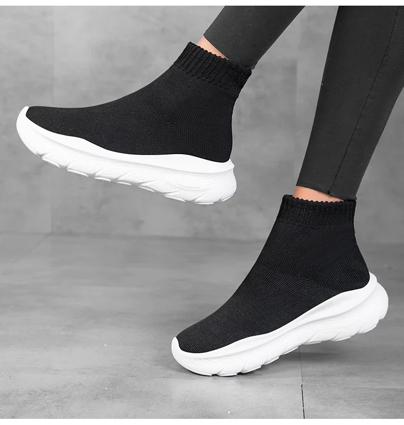 Damenschuhe, klassische High-Top-Sockenschuhe, dicke Sohle, Stretch, Slip-On, lässige Turnschuhe, atmungsaktives Mesh, Outdoor-Wanderschuhe, Schwarz – Detail 14