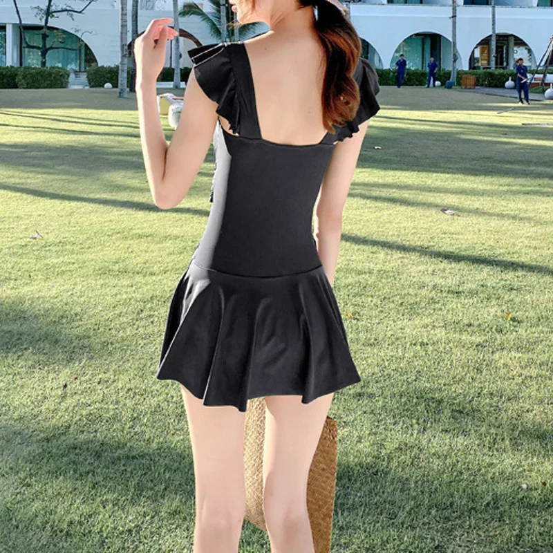 2023 New Summer Pure Desire V-neck Gathered High Waisted Hollowed Out Belly Covering Open Back Hot Spring Beach Dress Swimsuit