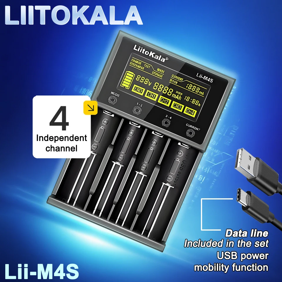LiitoKala Lii-M4S 4-Slot Battery Charger with LCD Display 300-1000mA Capacity Tester Storage Mode USB Power Bank for 21700 26650 18650