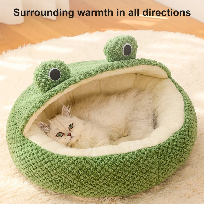 Neues Haustiernest Winter-Warmes Hundebett Katzen-Villa Plüsch-Haustiermatte Kleine Froschform Halbgeschlossenes Kätzchen-Welpen-Haus Haustierzubehör – Detail 7