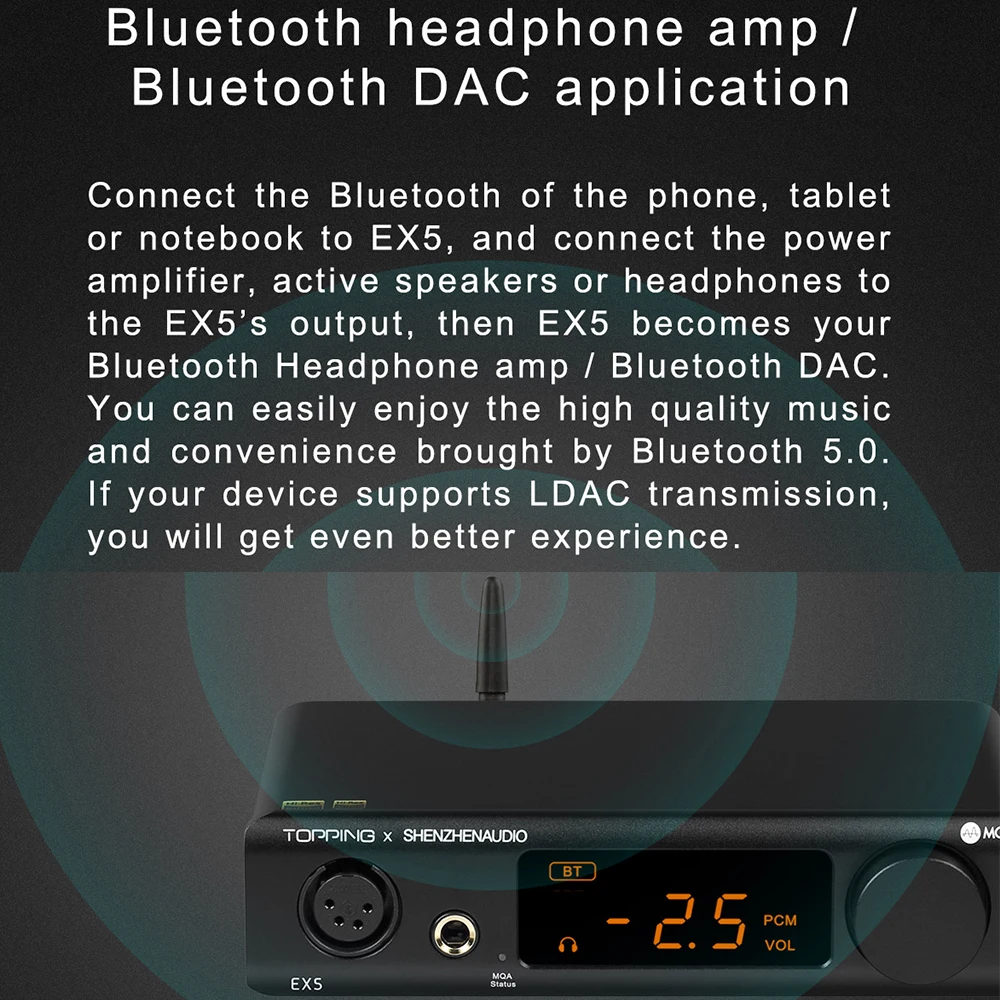 Topping EX5 Dual ES9038Q2M Chips Bluetooth MQA Decoding DAC AMP Headphone Amplifier XLT/RCA Output DSD512 PCM768 LDAC