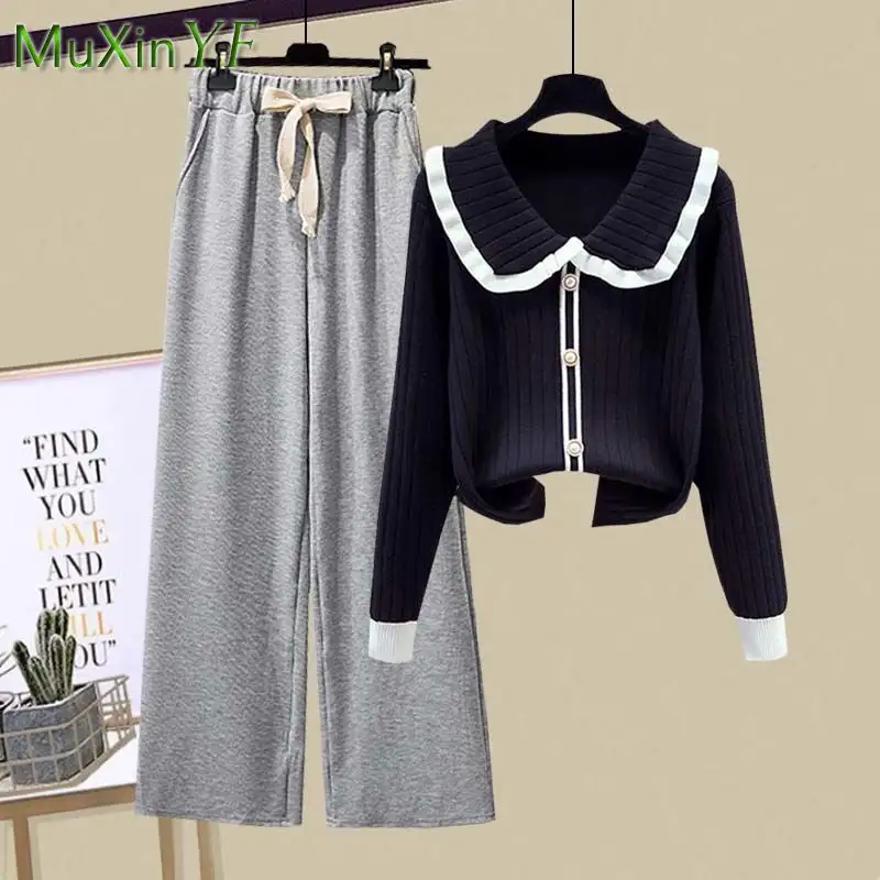 2025 Spring Korean Fashion Knitwear Sweater Wide Leg Pants Two Piece Set Women's Casual Sweatshirts High Waist Trousers Suits - Image 4