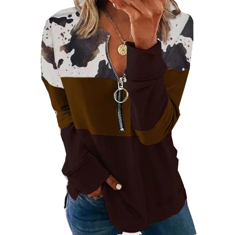 Fashion Women Zipper Sweatshirts Spring Autumn Long Sleeve Casual Loose Patchwork Pullovers Chic Printed Tops Blusas Female 5XL