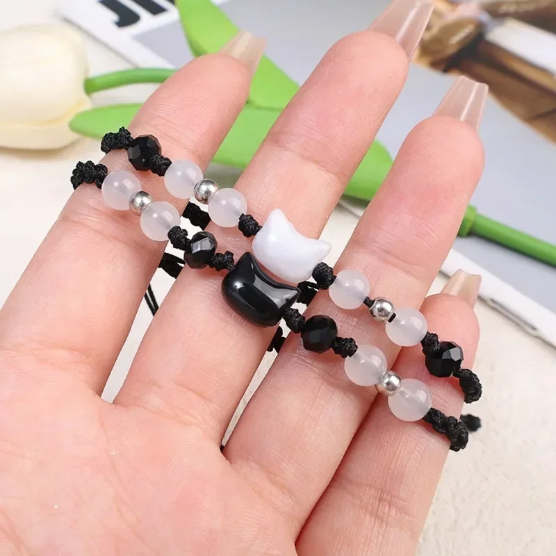 2pcs Natural Moonstone Black White Cat Bracelets Women Couple Minimalist Bracelet Handmade Bracelet Party Animal Jewelry Gifts