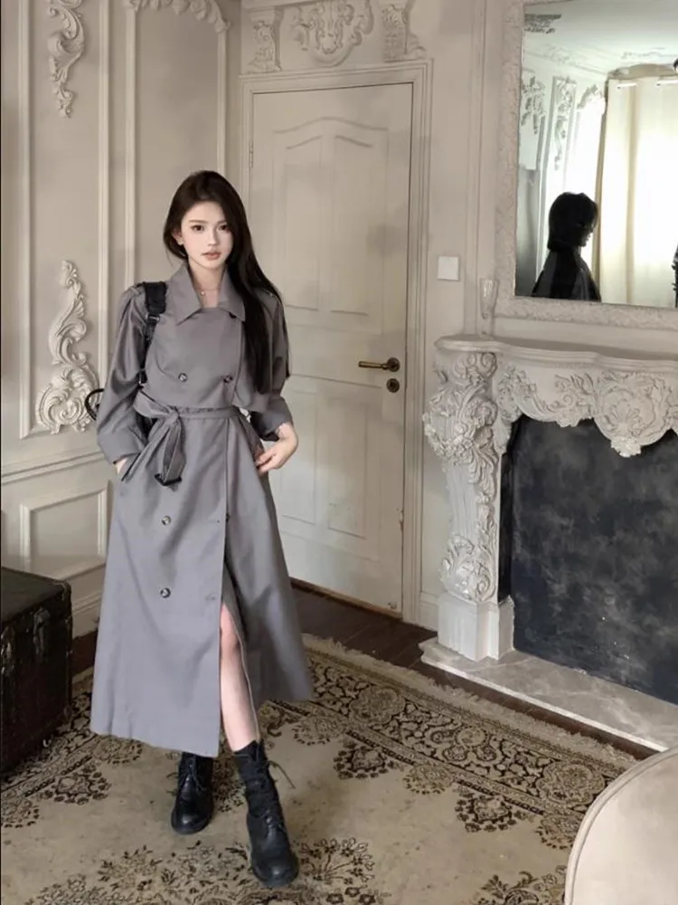Grey Medium Length Trench Coat For Women's Winter New Belt Waist Tied British Long Coat Trench Women Knee Length Windbreak Coat