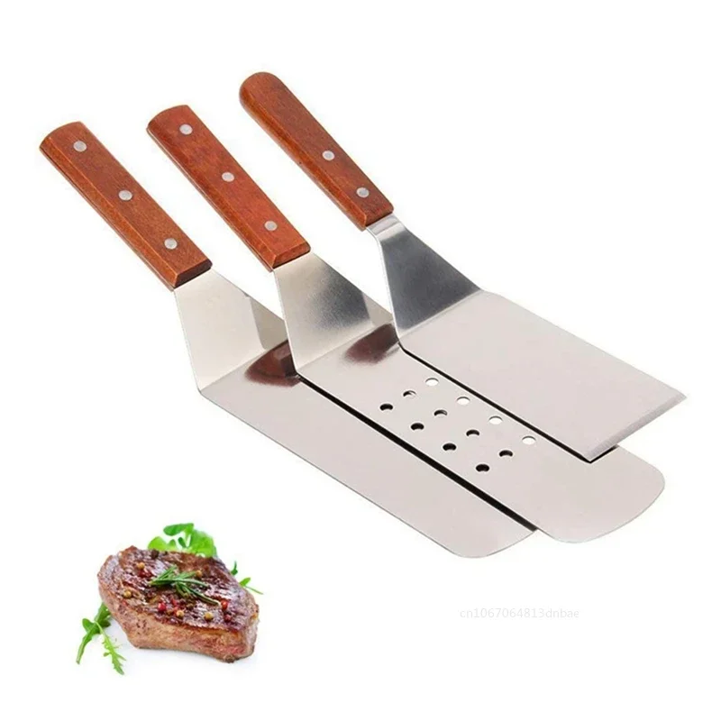 1pc Stainless Steel Square Head Steak Cooking Spatula BBQ Kitchen Utensils Wood Handle Pizza Shovel Pancake Beef Turner Scraper