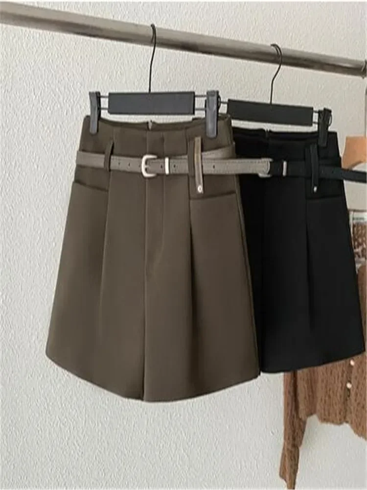 Fall Winter Women Boot Shorts with Belt Elegant Office Ladies Shorts Wide Leg A-Line Black Coffee 2024 Korean Fashion
