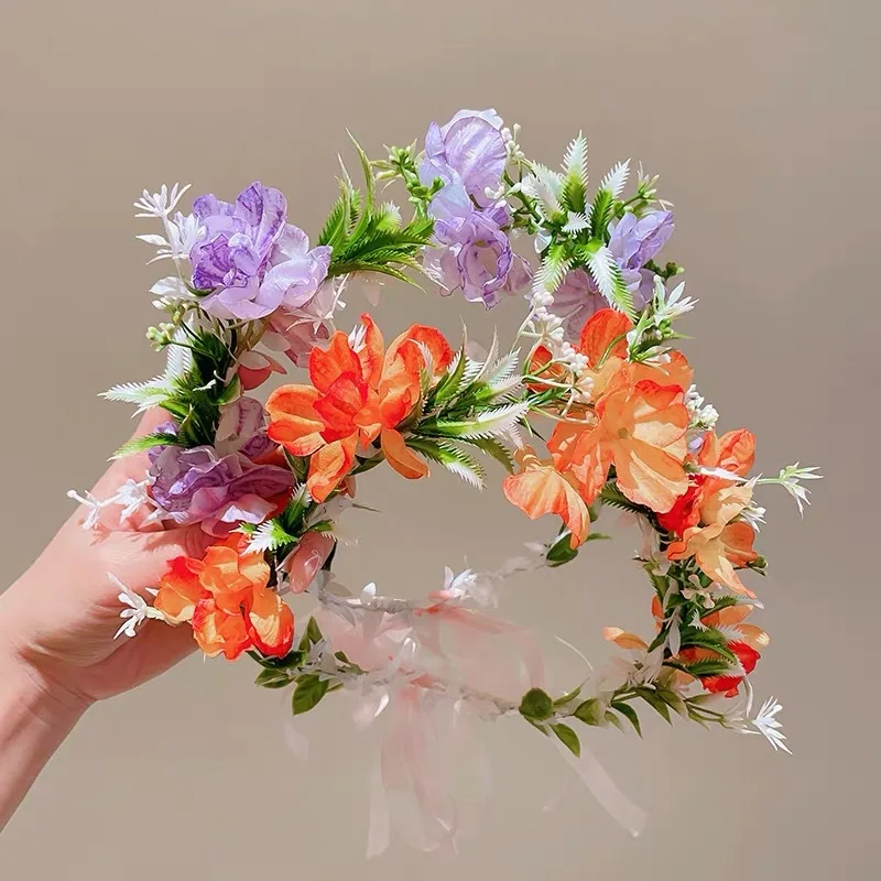 Summer Flower Crown for Women and Girls Beach Traveling Hair Accessories Floral Headbands Super Fairy Ribbon Hairbands Tiaras