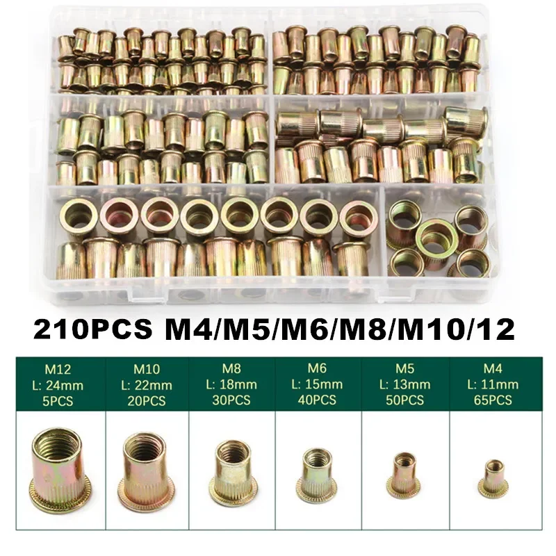 

210PCS Carbon Steel Rivnuts Flat Head Threaded Rivet Insert Nutsert Cap Rivet Nuts M4/M5/M6/M8/M10/12 Assortment Kit