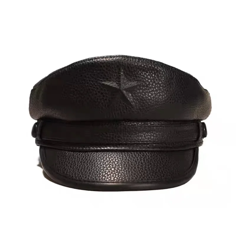 Novel Army Cap For Men Retro Flat Military Caps For Male Genuine Leather Cowskin Black Brown Hats European belt Chapeau