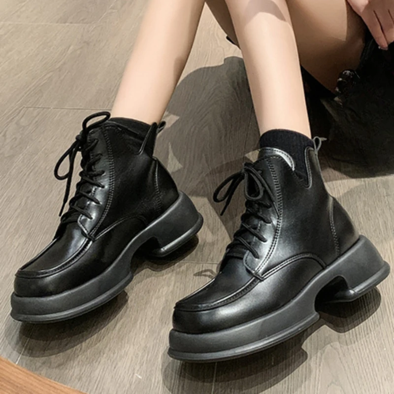 Ladies Shoes 2023 Hot Sale Lace Up Women's Boots Autumn Round Toe Solid Naked Boots Platform Mid Heel Water Proof Fashion Boots