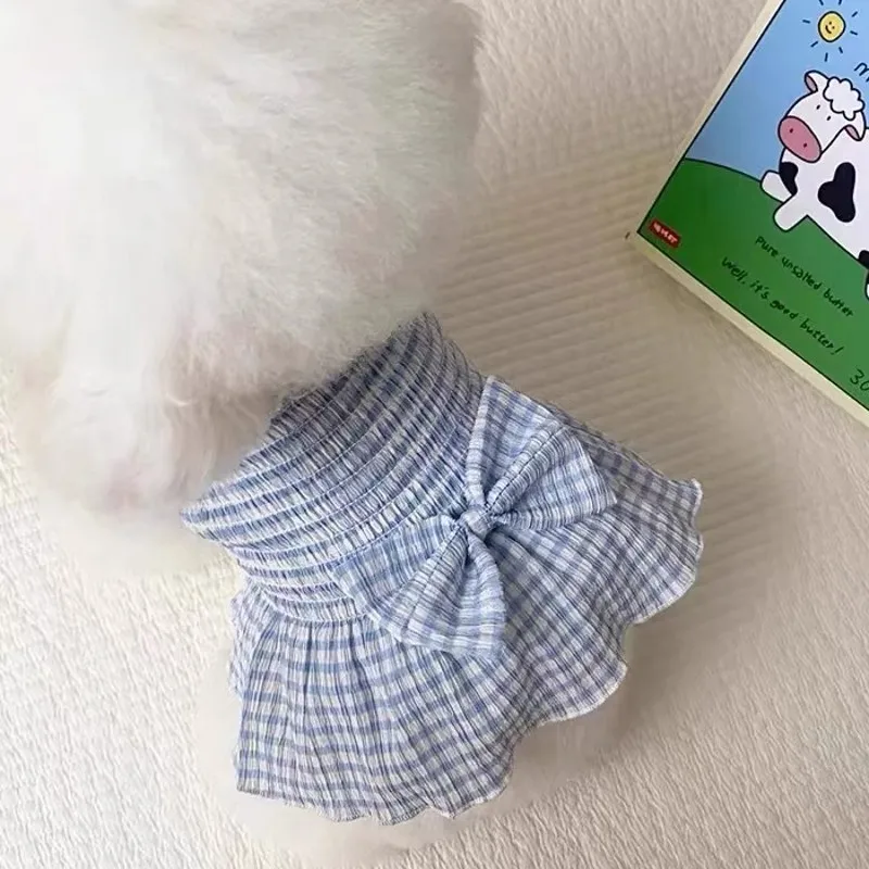 Dog Suspender Skirt Puppy Summer Clothes Bow Plaid Dog Vest Pet Striped Dress Chihuahua Bichon Kitten Pink Girls Costume