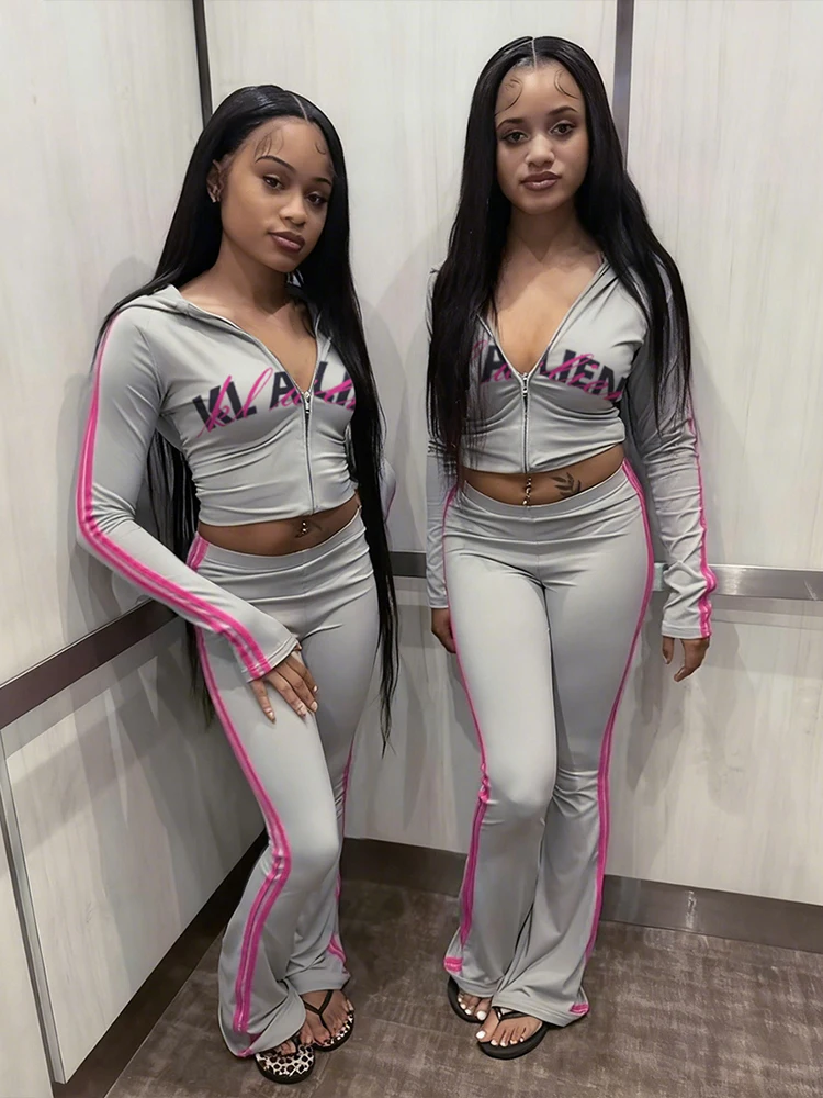 Nibber Sporty Stripes 2-Piece Set Women Zipper Letter Print Hooded Crop Tops+Pants Elasticity Fashion Autumn Casual Streetwear