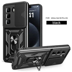 Shockproof Armor Magnetic Car Holder Case with Slide Camera Protection and Ring Stand for Infinix Hot50 Pro 4G (SJ-Black)