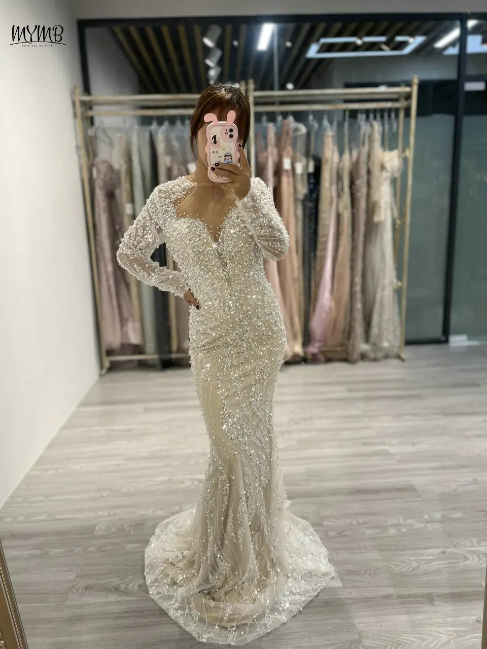 MYMB Klassisches rosa langärmliges muslimisches Abendkleid, elegantes, perlenbesetztes Meerjungfrau-Kleid für formelle Anlässe mit abnehmbarer Schleppe MS66014-3 – Detail 6