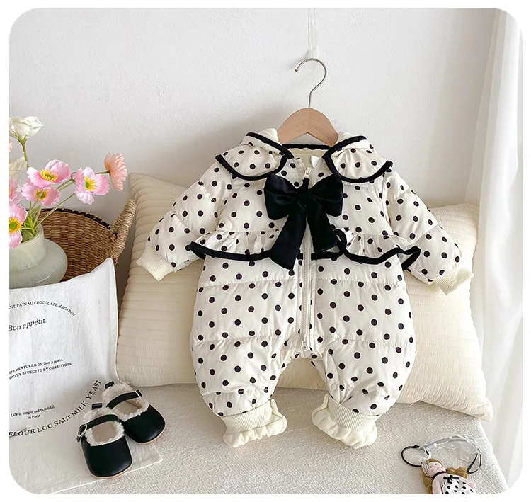 Winter Baby Mädchen Langarm Dot Bogen Infant Verdickte Baumwolle Overall Neugeborenen Kleinkind Mädchen Mit Kapuze Body Kinder Kleidung – Detail 3