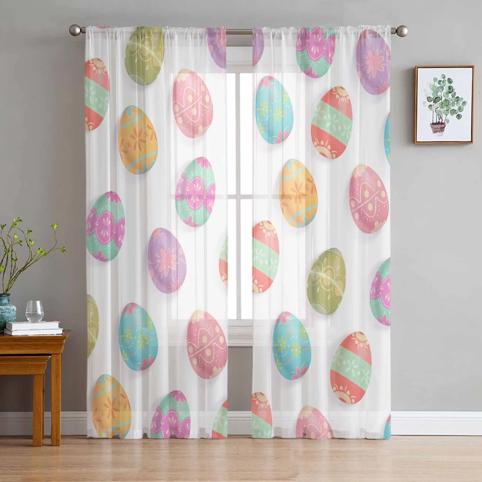 

Watercolor Easter Eggs Sheer Curtains for Living Room Tulle Window Panels Voile Yarn Bedroom Drapes