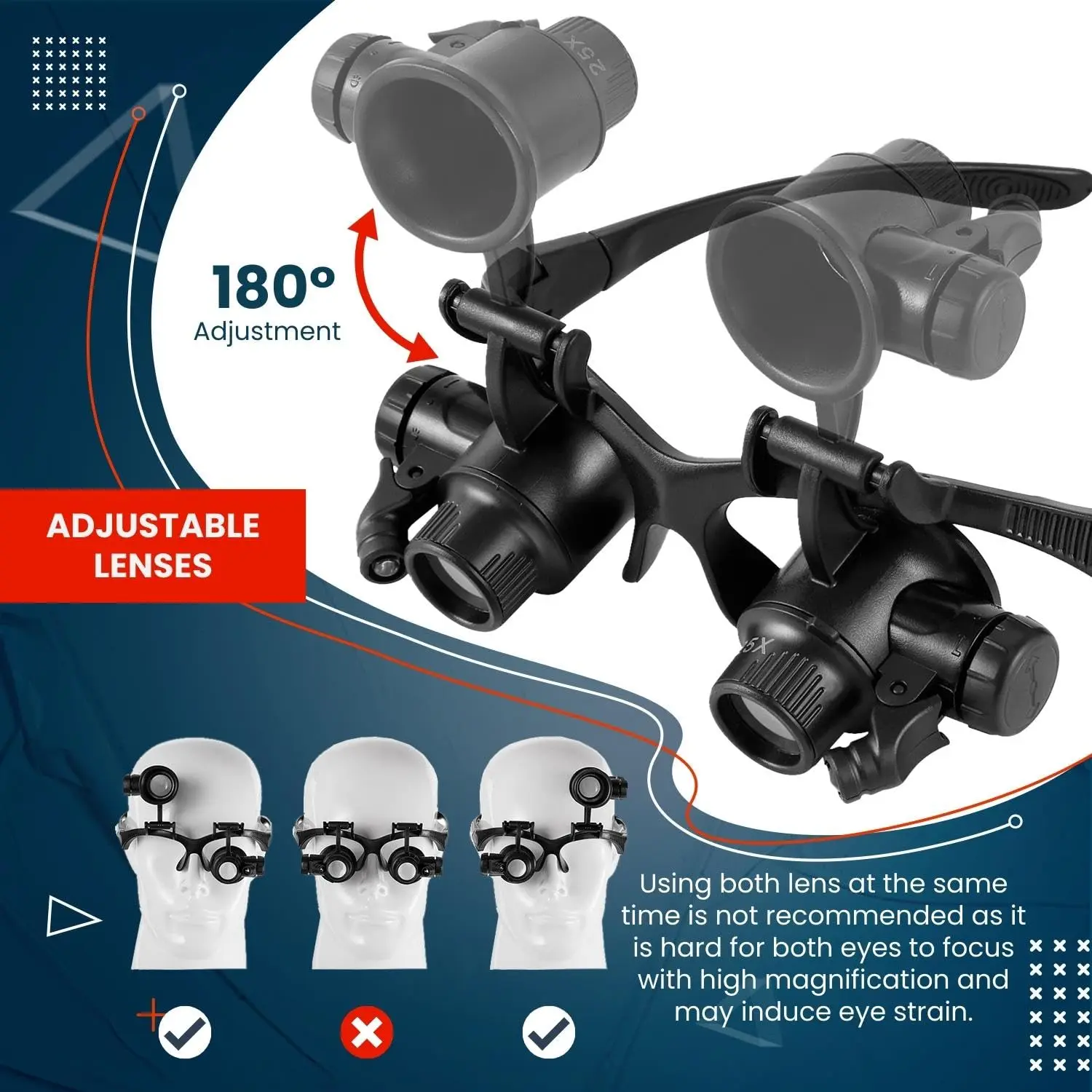 Magnifying Glass 10X 15X 20X 25X LED Illuminated Double Eye Glass Jeweler Loupe Repair Headband For Close Work Watch Maker