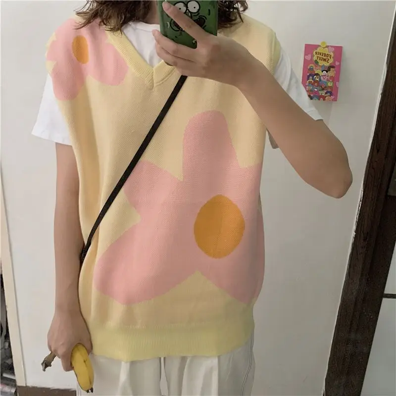Flower Men Sweater Vests knitted Sweaters Vest Sleeveless knit women y2k top kawaii harajuku clothing oversized jumper ropa