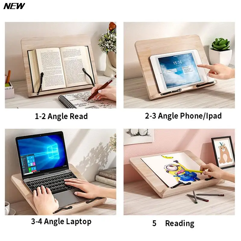Adjustable Wood Book Holder Foldable Cook Home Study Room Desk Organizer