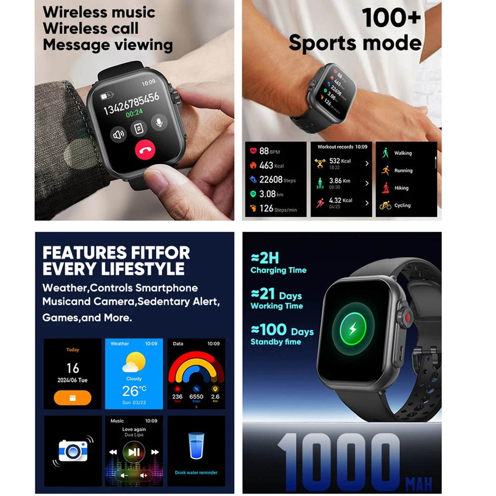 2025 New 1000mAh Battery AMOLED Smart Watch Ultra K62 Men Women Heart Rate 100+Sport HD Bluetooth Call IP67Waterproof SmartWatch